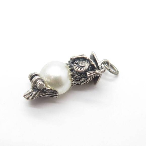BEAU 925 Sterling Silver Vintage Faux Pearl Owl Professor On Brunch Pendant - Picture 5 of 8